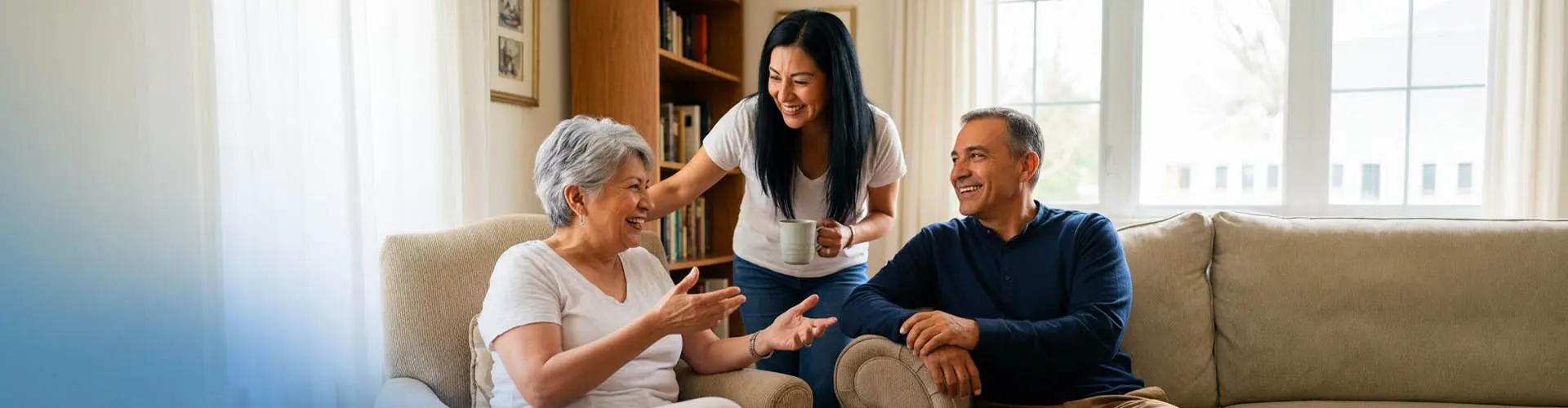 Mujer conversando alegremente con dos adultos mayores en casa